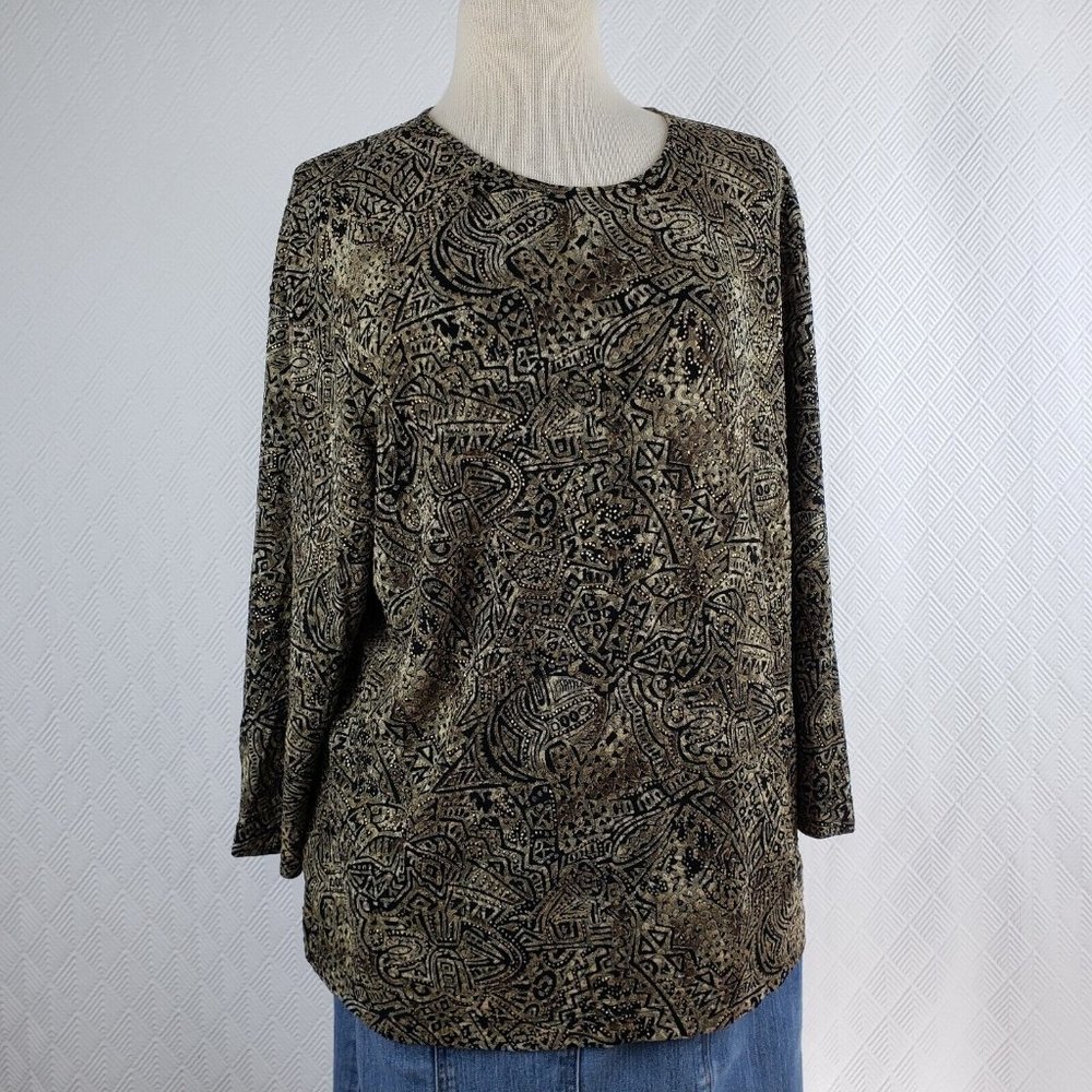 Laura Ashley Womens Top Blouse 3/4 Sleeve Black Gold Geometric Stretch Size 1X
